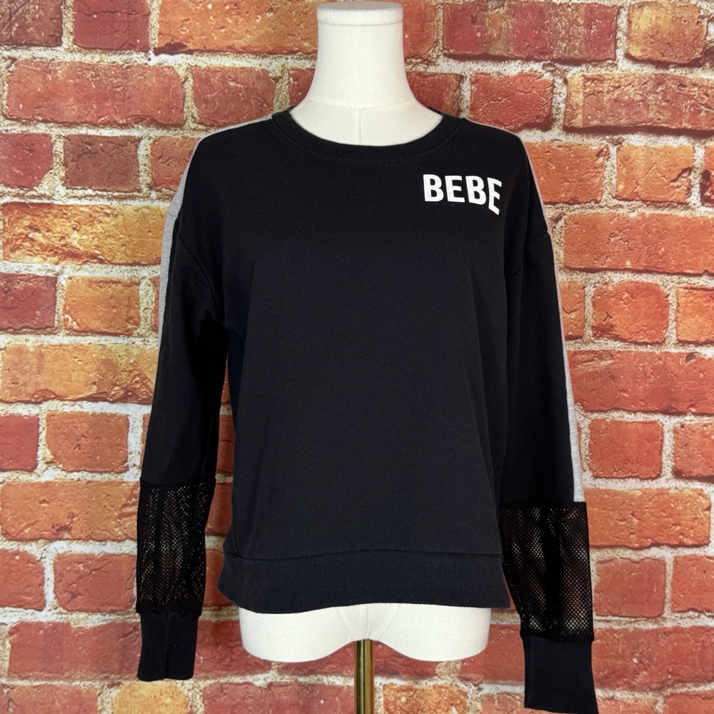 Bebe Sport Black Pullover Mesh Inset Long Sleeve Activewear Logo Size Medium